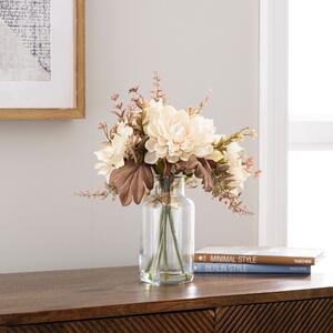 Artificial Dried Dahlia and Foliage Bouquet in Glass Vase Cream