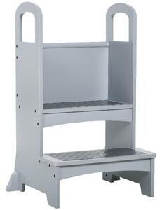 HOMCOM Kids Wooden Step Stool Kitchen Helper w/ Non-Slip Panels Handles Child Toddler Home Help 3 - 8 Yrs Grey Aosom UK
