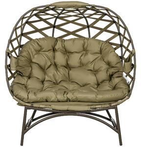 Outsunny 2 Seater Egg Chair Outdoor, Folding Weave Garden Furniture Chair with Cushion, Cup Pockets - Khaki