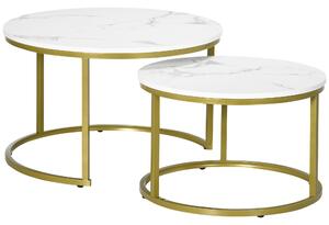HOMCOM Nest of 2 Coffee Tables, Round with Faux Marble Top and Metal Frame, Modern Side Tables, White