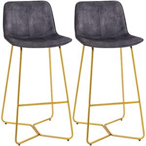 HOMCOM Bar Stools, Set of 2, Velvet-Touch Fabric Breakfast Bar Chairs with Footrest, Tall Kitchen Stools & Gold-Tone Metal Legs for Dining Area, Grey