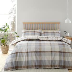 Catherine Lansfield Reversible Check 100% Brushed Cotton Duvet Cover & Pillowcase Set Natural