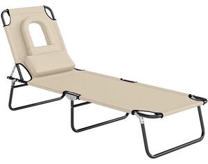 Outsunny Folding Sun Lounger with Pillow & Reading Hole, Adjustable Reclining Chair for Garden Beach, Beige