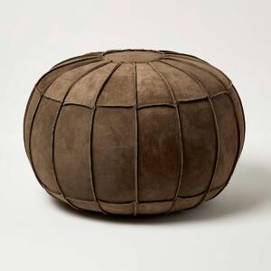 Homescapes Brown Leather & Suede Round Pouffe Footstool