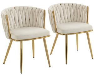HOMCOM Velvet-Feel Dining Chairs Set of 2, Modern Upholstered Kitchen Chairs with Woven Backrest and Armrests, Metal Legs and Padded Seat for Dining Room, Bedroom, Living Room, Cream