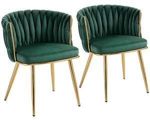 HOMCOM Velvet-Feel Dining Chairs Set of 2, Modern Upholstered Kitchen Chairs with Woven Backrest and Armrests, Metal Legs and Padded Seat for Dining Room, Bedroom, Living Room, Dark Green