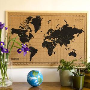 Milimetrado World Map Corkboard with Frame Black and Brown 70x50cm