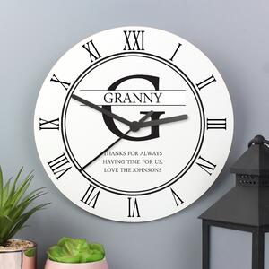 Personalised Family Name and Initial Wooden Wall Clock White