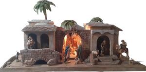 Oriental wooden Nativity scene with light and with 19 figures