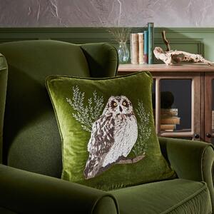 Embroidered Owl Cushion Green