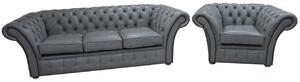 Chesterfield 3 Seater + Armchair Sofa Stella Dove Grey Leather In Balmoral Style