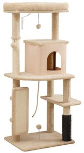 PawHut 132cm Cat Tree w/ Scratching Posts, Pad, Cat Bed, Cat House, Jumping Platform, Grooming Brush, Anti-Tip Kit, Beige