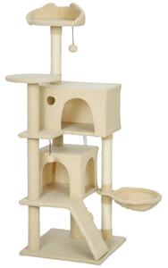 PawHut 140cm Large Cat Tree Tower with Sisal Scratching Posts, Condos, Plush Perches, Hammock, Ladder, Beige