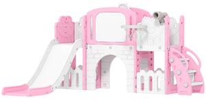 AIYAPLAY 7 in 1 Toddler Slide Set with Basketball Hoop, Climbing Frame, Telescope, Drawing Board, Storage Box, Pink