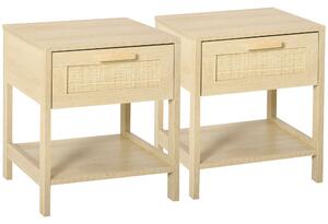 HOMCOM Bedside Table Set of 2 with Rattan Drawer, Rustic Side Tables with Storage Shelf for Bedroom, Living Room, Natural