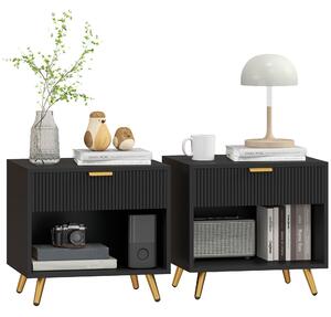 HOMCOM Elegant Bedside Table Set of 2, with Drawer and Shelf - Black/Gold Tone