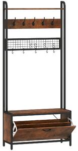 HOMCOM 5-In-1 Industrial-Style Hallway Tree - Brown/Black