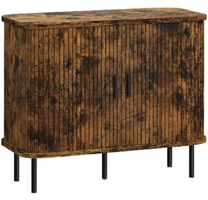 HOMCOM Mid-Century Modern Sideboard Storage Cabinet with Slatted Tambour Sliding Doors, Kitchen Cabinet with Steel Legs, Rustic Brown