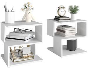 HOMCOM Set of 2 Side Table, Square Coffee Table, Modern End Table with 2 Tier Storage Shelves for Living Room, Bedroom, White