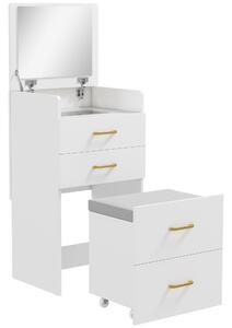 HOMCOM 3 in 1 Dressing Table with Flip-top Mirror and Rolling Stool, Modern Vanity Desk with Visible Glass Tabletop, Drawers and Side Hook, Makeup Table with Cushioned Storage Stool for Bedroom, White