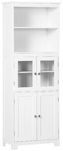 HOMCOM Freestanding Larder Cupboard, 4-Door Kitchen Storage Cabinet, Adjustable Shelf, Glass Doors for Dining Room, Living Room, White Aosom UK