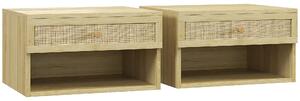 HOMCOM Set of Two Rattan Panel Floating Bedside Tables - Wood-Effect Aosom UK
