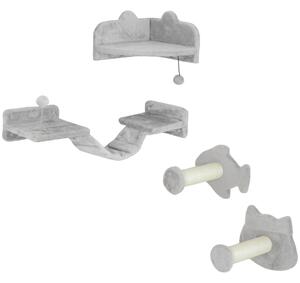 PawHut 4PCs Cat Wall Shelves with Steps, Ladder, Jumping Platforms, Light Grey Aosom UK