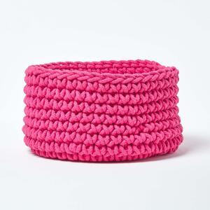 Homescapes Hot Pink Cotton Knitted Round Storage Basket, 37 x 21 cm