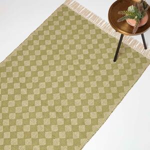 Handwoven 100% Cotton Green Rug 90 x 150 cm Geometric with Tassels