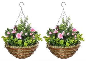 Outsunny Set of 2 Artificial Plant Lisianthus Flowers Hanging Planter with Basket for Indoor Outdoor Decoration Aosom UK