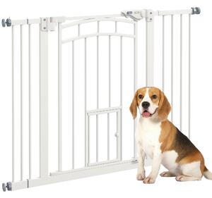 PawHut Stair Dog Gate with Cat Door, Pressure Fit, Auto Close, Double Lock, 74-100cm Openings, White Aosom UK