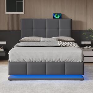 4FT6 PU Leather Upholstered Double Ottoman Lift Storage Bed Frame with LED Lighting, Gas Lift Storage, 195L x 139W x 113H cm, Dark Gray Aosom.UK