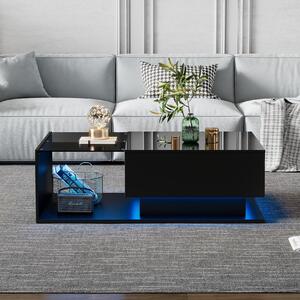 High Gloss Finish Coffee Table with Smart App-Controlled RGB Lights, Dark Coffee Table with Glass Top, Drawer, 100L x 50W x 32H cm, Black Aosom.UK