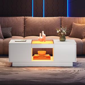 Modern Coffee Table with Storage and LED Lighting, Oblong Coffee Table with 2 Tiers, Drawers, and App Control, 100L x 50W x 35.5H cm, White Aosom.UK