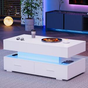 Hydraulic Lift Top Coffee Table with LED Lighting, 2 Drawers and Storage, Oblong Coffee Table for Living Room, 100L x 50W x 44H cm, White Aosom.UK