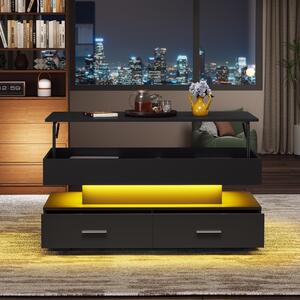 Hydraulic Lift Top Coffee Table with LED Lighting, 2 Drawers, Cocktail Table with Storage Space, for Sofa Side, 100L x 50W x 44H cm, Black Aosom.UK