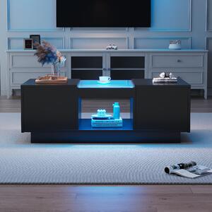 Modern 2-Tier Design Coffee Table with App-Controlled LED Lights and 2 Drawers, Cocktail Table with Storage, 100L x 50W x 35.5H cm, Black Aosom.UK