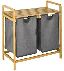 HOMCOM Bamboo Laundry Hamper with Shelf, Bedroom or Bathroom Laundry Basket with Pull-out Bags, 64x33x73 cm, Grey