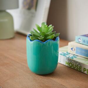 Artificial Succculent in Scalloped Ceramic Plant Pot