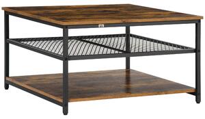 HOMCOM Industrial Coffee Table, Square Cocktail Table with 3-Tier Storage Shelves for Living Room, Rustic Brown