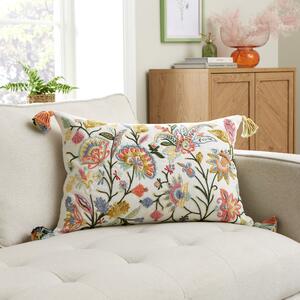 Embroidered Folktale Floral Cushion White