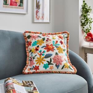 Embroidered Floral Chenille Square Cushion White