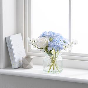 Artificial Hydrangea and Rose Bouquet in Ribbed Glass Vase Blue