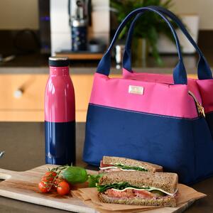 Colour Block Handbag Design Insulated Tote Lunch Bag Pink/Navy Blue
