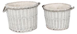 Set of 2 Grey Willow Wicker Round Storage Log Baskets with White Lining and Handles