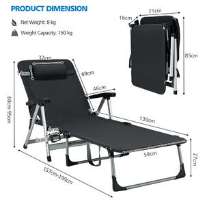 Costway Folding Outdoor Chaise Lounger with Detachable Pillow and Cup Holder-Black