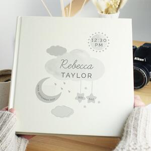 Personalised New Baby Moon and Stars Square Photo Album White
