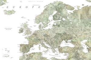 Map Detailed map of Europe in green watercolor, Blursbyai, (40 x 26.7 cm)