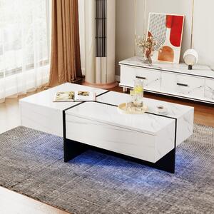 High-Gloss Coffee Table with App-Controlled Colour-Changing LED Lighting, Tea Table with 3 Drawers, 100L x 50W x 34.5H cm, Black+White Aosom UK