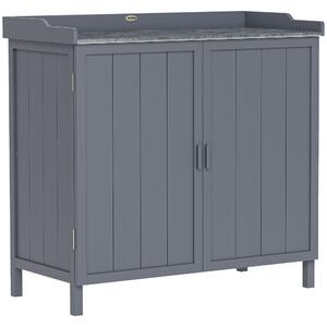 Outsunny Wooden Garden Storage Shed Tool Cabinet Organiser w/ Potting Bench Table, Two Shelves, 98 x 48 x 95.5 cm, Grey Aosom UK